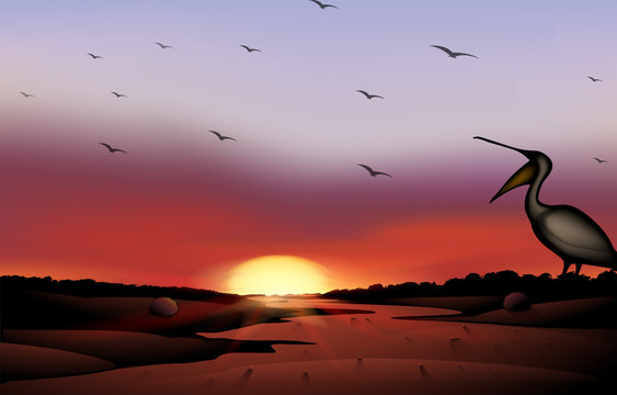 A sunset with a flock of birds