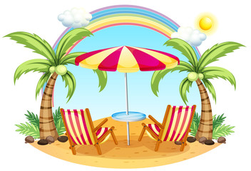 A seashore with a beach umbrella and chairs