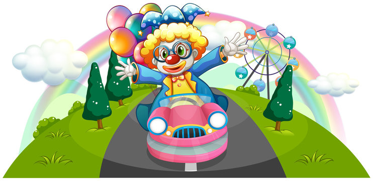A clown riding in a pink car with balloons