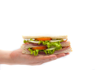 holding Sandwich ham cheese on white background