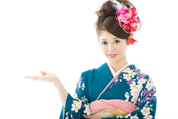 Beautiful asian kimono woman on white background