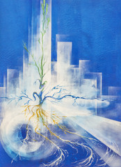Abstract Painting Of A Plant Growing In A Polluted Modern City