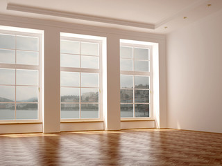 Fototapeta na wymiar A spacious room with three large windows