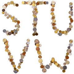 S-T-U-V-W alphabet letters from the coins of different