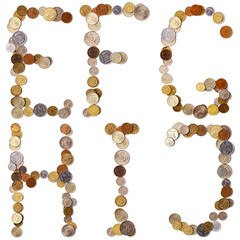 E-F-G-H-I-J alphabet letters from the coins of different