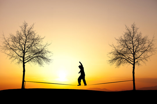 slacklining at sunset