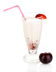 Delicious milk shake with fruit isolated on white