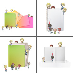 Set of images with many children around office items
