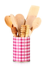 Utensils in metal containers isolated on white