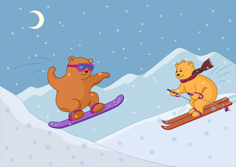 Ours en peluche ski dans les montagnes, nuit