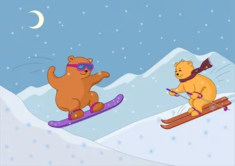  Teddyberen skiën in de bergen, nacht © oksanaok