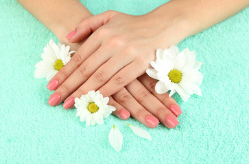 Obraz na płótnie Canvas Kobieta ręce z różowym manicure i kwiatów, na kolorowym tle