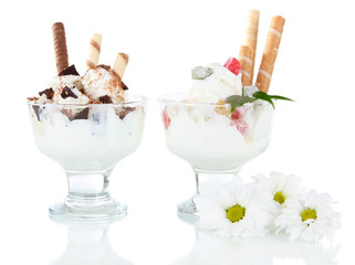 Ice cream with wafer sticks isolated on white