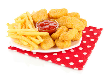 Fried chicken nuggets with french fries and sauce isolated