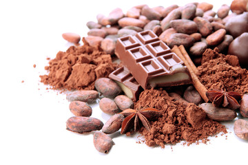 Composition of chocolate sweets, cocoa and spices, isolated