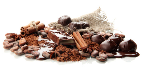 Composition of chocolate sweets, cocoa and spices, isolated