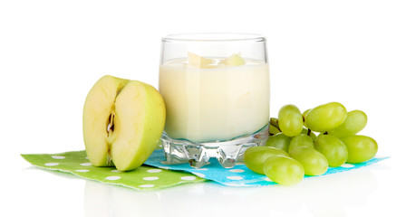 Delicious yogurt in glass with fruit isolated on white