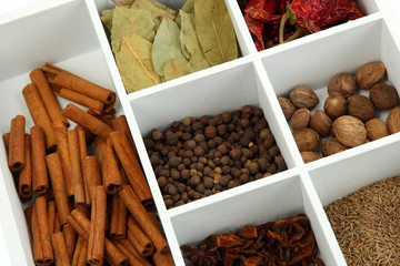 Assortment of aroma spices in white wooden box close up