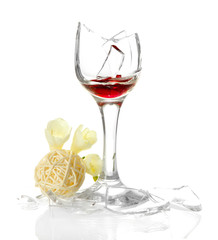 Broken wineglass isolated on white