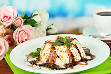 Panna Cotta with chocolate  and caramel sauces,