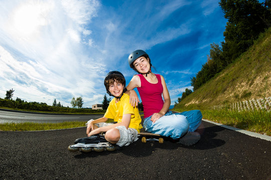 Active young people - rollerblading, skateboarding