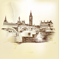 Antique vector postcard with  hand drawn London bridge in sepia