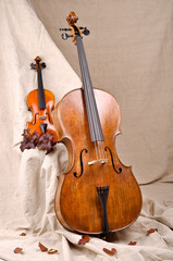 Fototapeta na wymiar skrzypce i wiolonczelę na beżowym tle