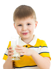 kid boy drinking milk isolated on white