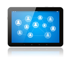 Tablet PC with social media illustration on white background.