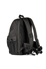 A large black backpack with a strong fastening
