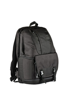 A large black backpack with a strong fastening