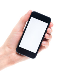 Blank mobile phone in hand isolated