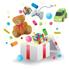 Toys burst from present box with white background