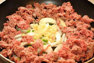 Ground Beef, Onions and Garlic Frying in a Pan