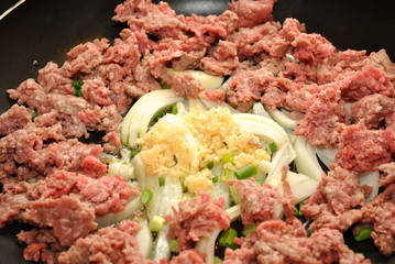 Chopped Beef with Ingredients Frying in a Pan