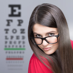Woman taking an eye vision test - obrazy, fototapety, plakaty
