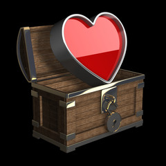 vintage chest with big heart isolated on black background High resolution 3d render