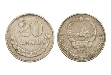 Mongolian coin on white background