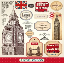 Abwaschbare Fototapete Vintage Poster Vektorsatz von Londoner Symbolen