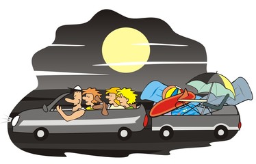 car and family - night, family vacation, vector illustration