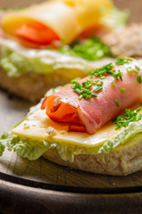 Closeup of spring Fresh sandwich with ham and cheese