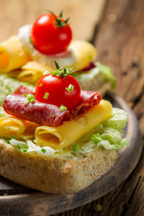 Closeup of sandwich with salami, tomato, chive and lettuce