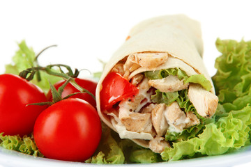 Kebab - grilled meat and vegetables, on plate, isolated on