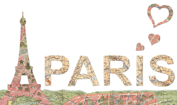 Paris word with Eiffel Tower and love hearts
