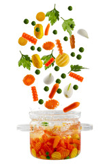 Vegetables soup - flying ingredients of minestrone soup