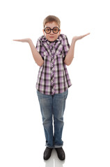 Confused teenager boy isolated on white