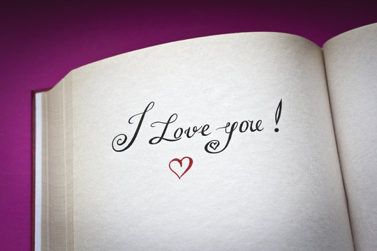 I love you! vintage words in the open book with pink background