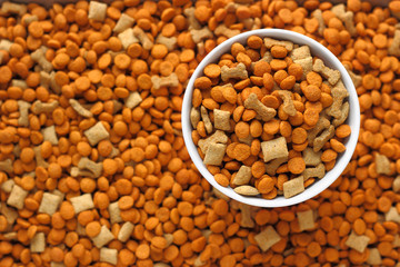 pet food in the dog dish with background of pet food out focus.