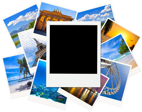 Instant photo frame over traveling pictures isolated on white