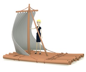 3d render of cartoon characer on raft